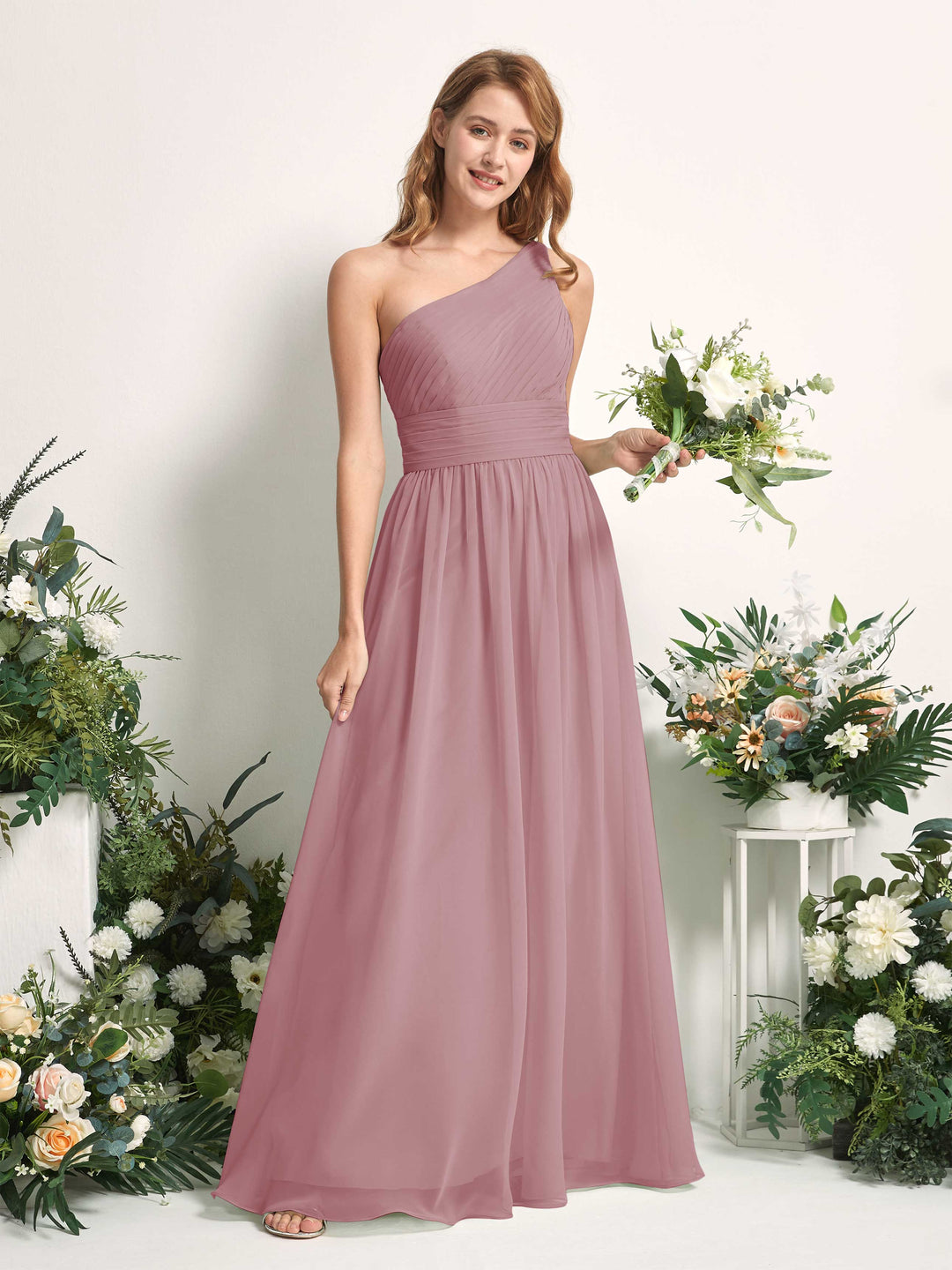 Carlyna A-Linien-Kleid One-Shoulder Bodenlang Chiffon Brautjungfernkleider Klassisch Mauve 