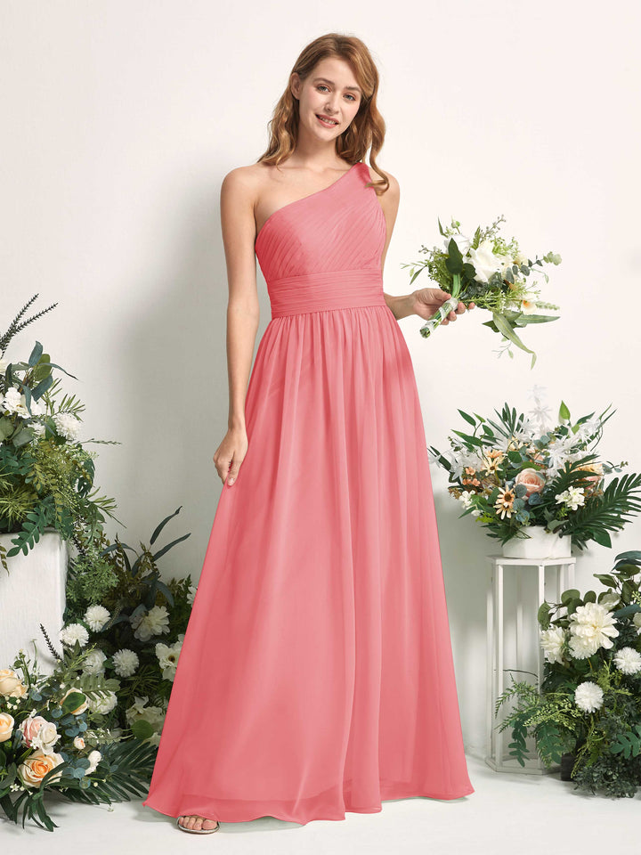 Carlyna A-Linien-Kleid One-Shoulder Bodenlang Chiffon Brautjungfernkleider Korallenrosa 