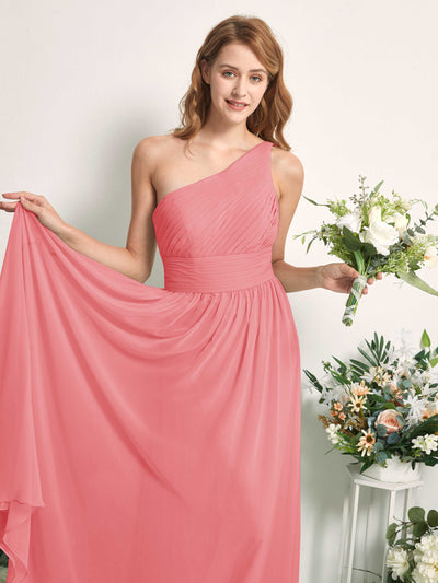 Carlyna A-Linien-Kleid One-Shoulder Bodenlang Chiffon Brautjungfernkleider Korallenrosa #farbe_korallenrosa
