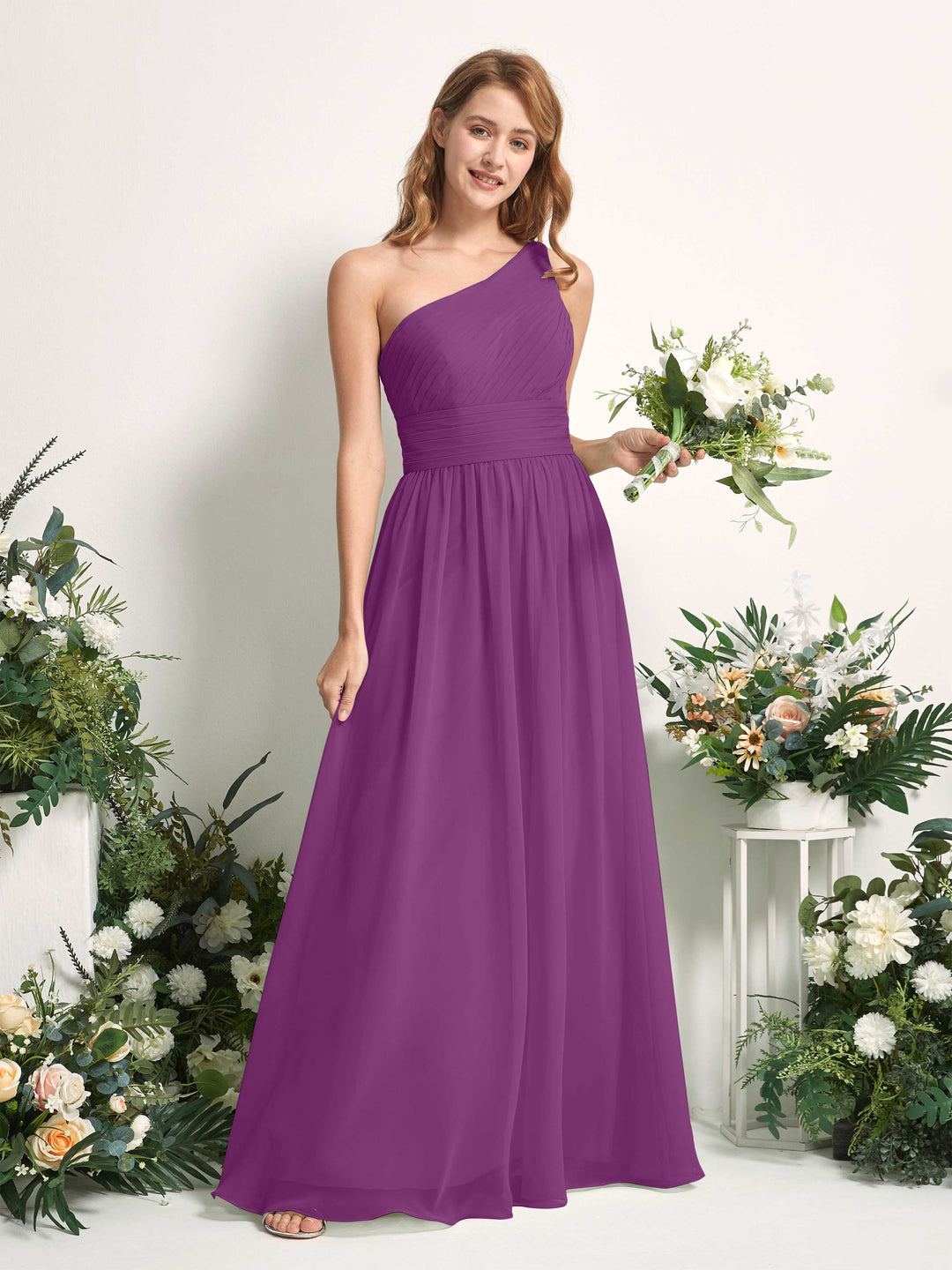 Carlyna A-Linien-Kleid One-Shoulder Bodenlang Chiffon Brautjungfernkleider Lila 