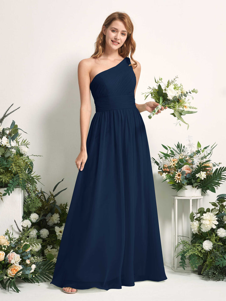 Carlyna A-Linien-Kleid One-Shoulder Bodenlang Chiffon Brautjungfernkleider Marineblau 