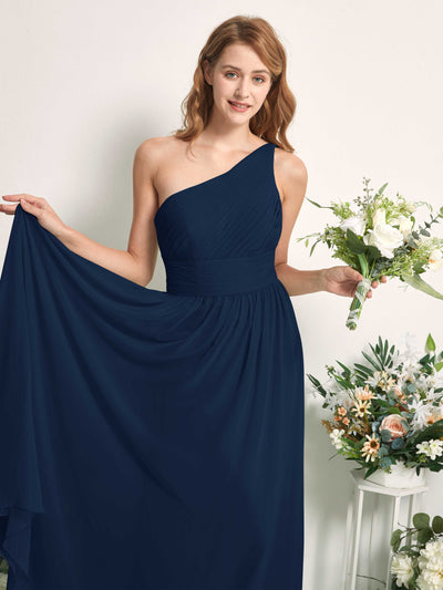 Carlyna A-Linien-Kleid One-Shoulder Bodenlang Chiffon Brautjungfernkleider Marineblau #farbe_marineblau