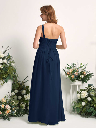 Carlyna A-Linien-Kleid One-Shoulder Bodenlang Chiffon Brautjungfernkleider Marineblau #farbe_marineblau