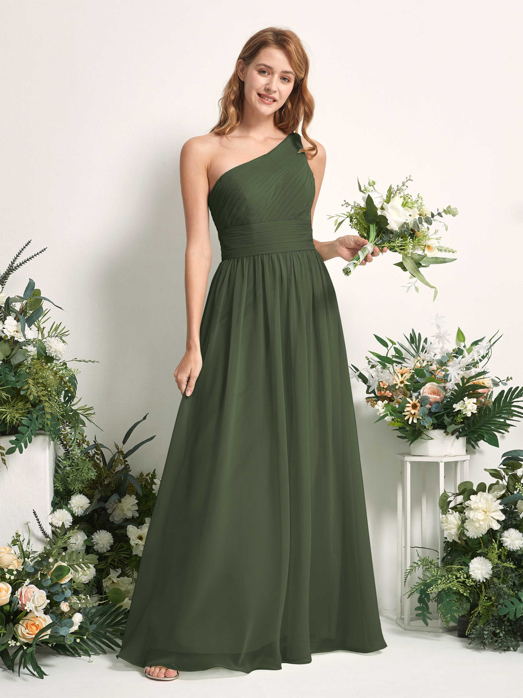 Carlyna A-Linien-Kleid One-Shoulder Bodenlang Chiffon Brautjungfernkleider Martini-Olive 