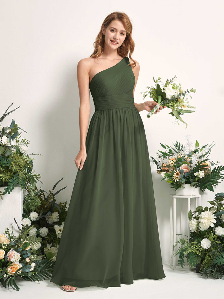 Carlyna A-Linien-Kleid One-Shoulder Bodenlang Chiffon Brautjungfernkleider Martini-Olive 