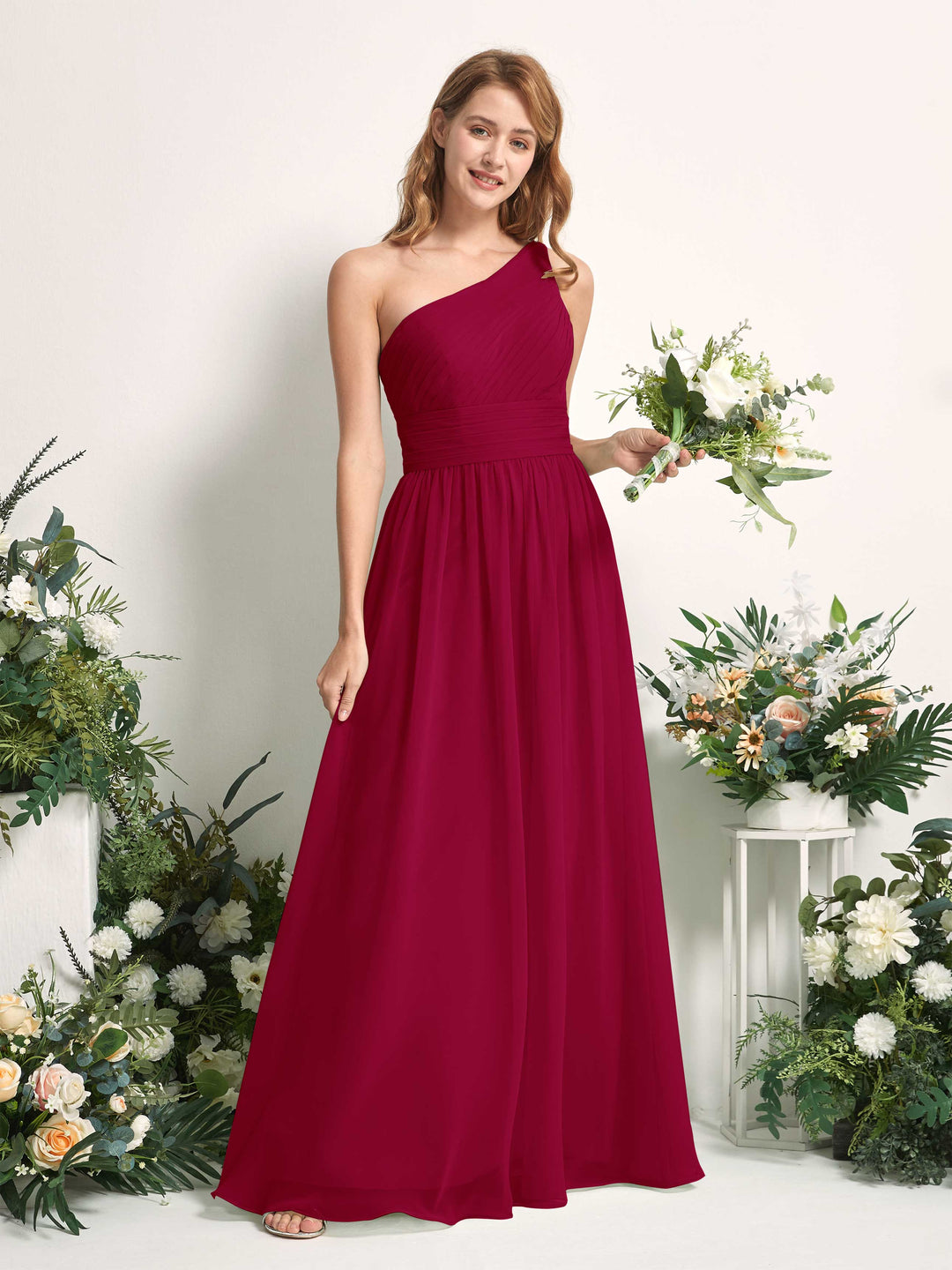 Carlyna A-Linien-Kleid One-Shoulder Bodenlang Chiffon Brautjungfernkleider Narrenrot 