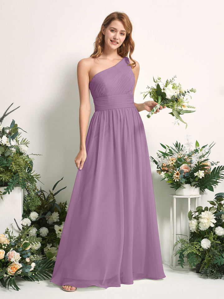 Carlyna A-Linien-Kleid One-Shoulder Bodenlang Chiffon Brautjungfernkleider Orchideen-Nebel 