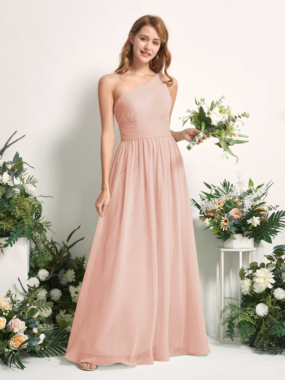 Carlyna A-Linien-Kleid One-Shoulder Bodenlang Chiffon Brautjungfernkleider Perlrosa 