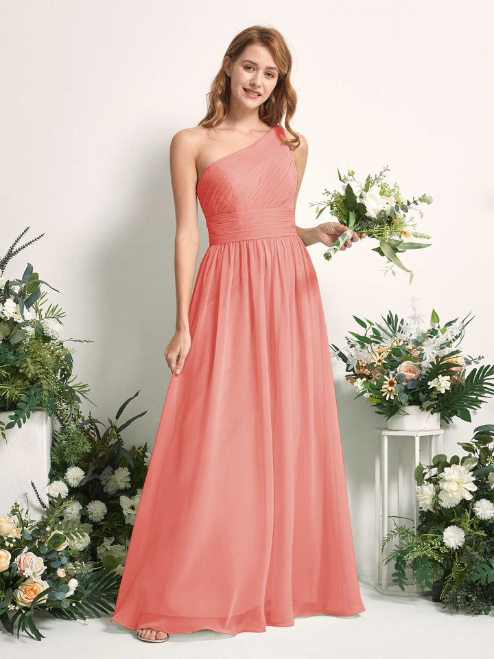 Carlyna A-Linien-Kleid One-Shoulder Bodenlang Chiffon Brautjungfernkleider Pfirsichrosa 