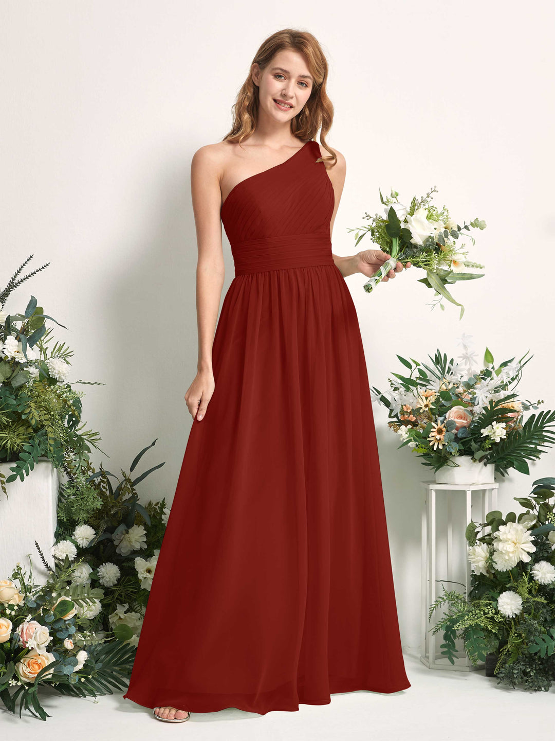 Carlyna A-Linien-Kleid One-Shoulder Bodenlang Chiffon Brautjungfernkleider Rostrot 