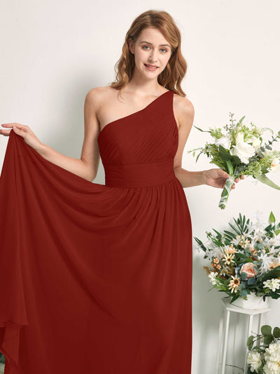 Carlyna A-Linien-Kleid One-Shoulder Bodenlang Chiffon Brautjungfernkleider Rostrot #farbe_rostrot