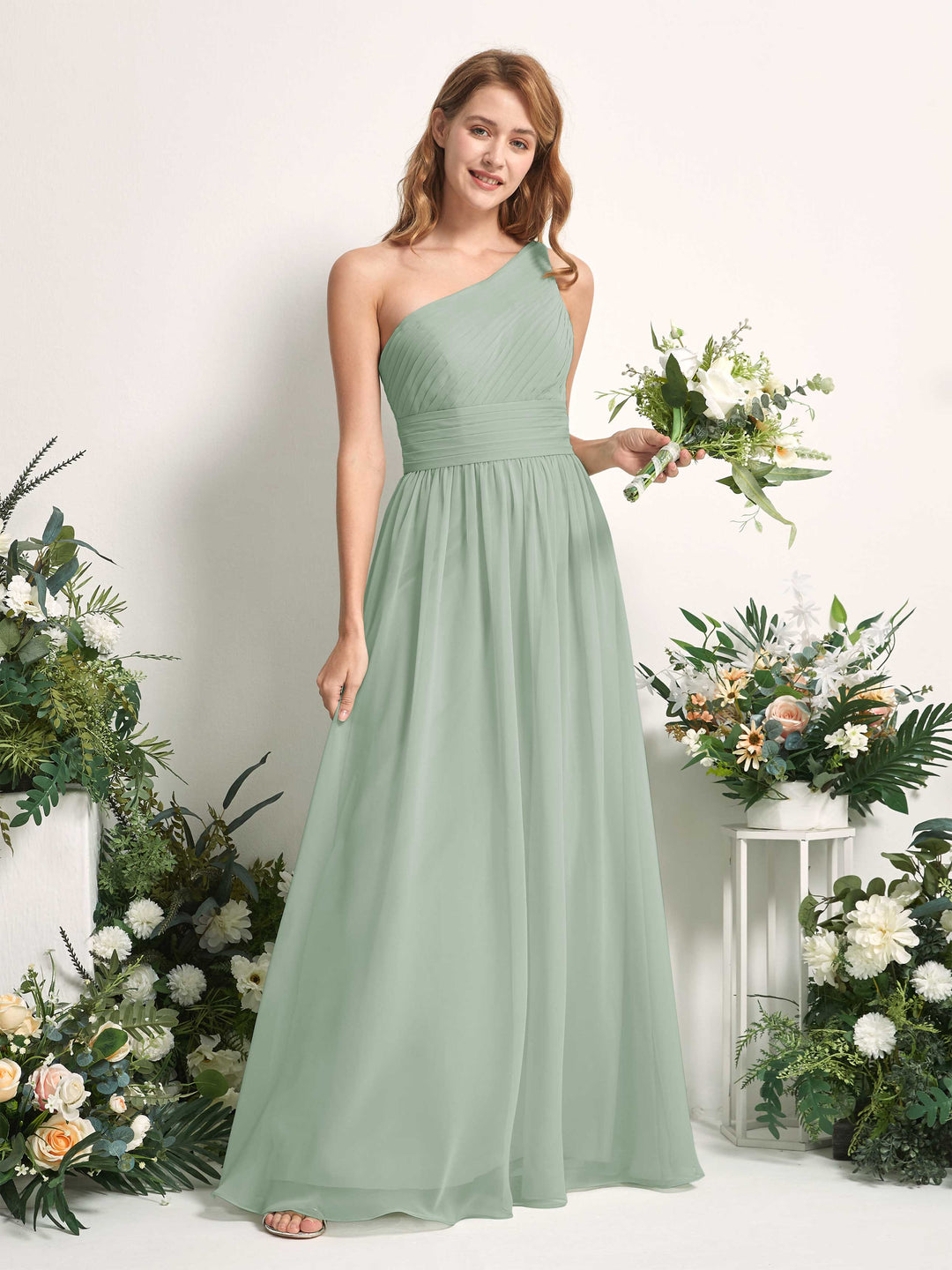Carlyna A-Linien-Kleid One-Shoulder Bodenlang Chiffon Brautjungfernkleider Salbeigrün 