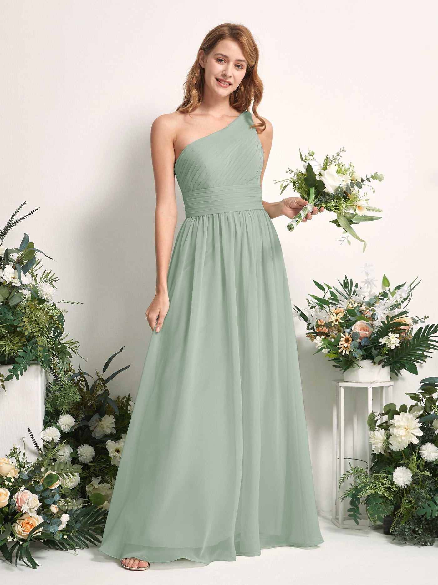 Carlyna A-Linien-Kleid One-Shoulder Bodenlang Chiffon Brautjungfernkleider Salbeigrün #farbe_salbeigr-n
