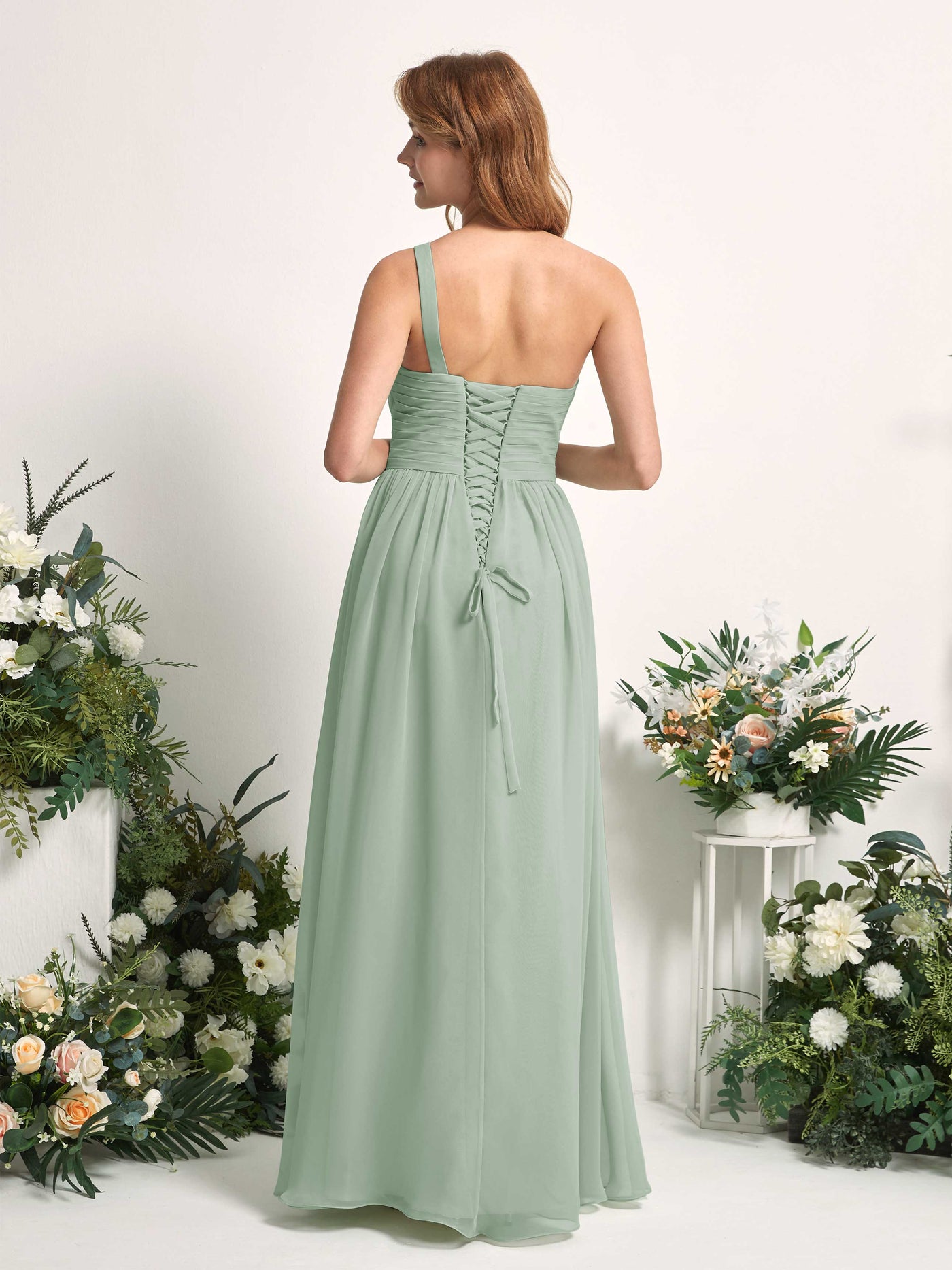 Carlyna A-Linien-Kleid One-Shoulder Bodenlang Chiffon Brautjungfernkleider Salbeigrün #farbe_salbeigr-n