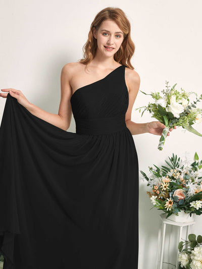 Carlyna A-Linien-Kleid One-Shoulder Bodenlang Chiffon Brautjungfernkleider Schwarz #farbe_schwarz