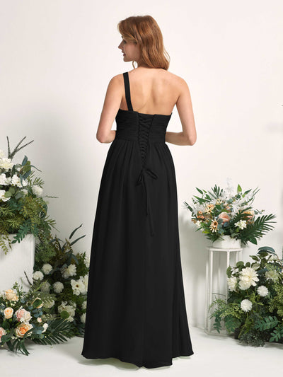 Carlyna A-Linien-Kleid One-Shoulder Bodenlang Chiffon Brautjungfernkleider Schwarz #farbe_schwarz