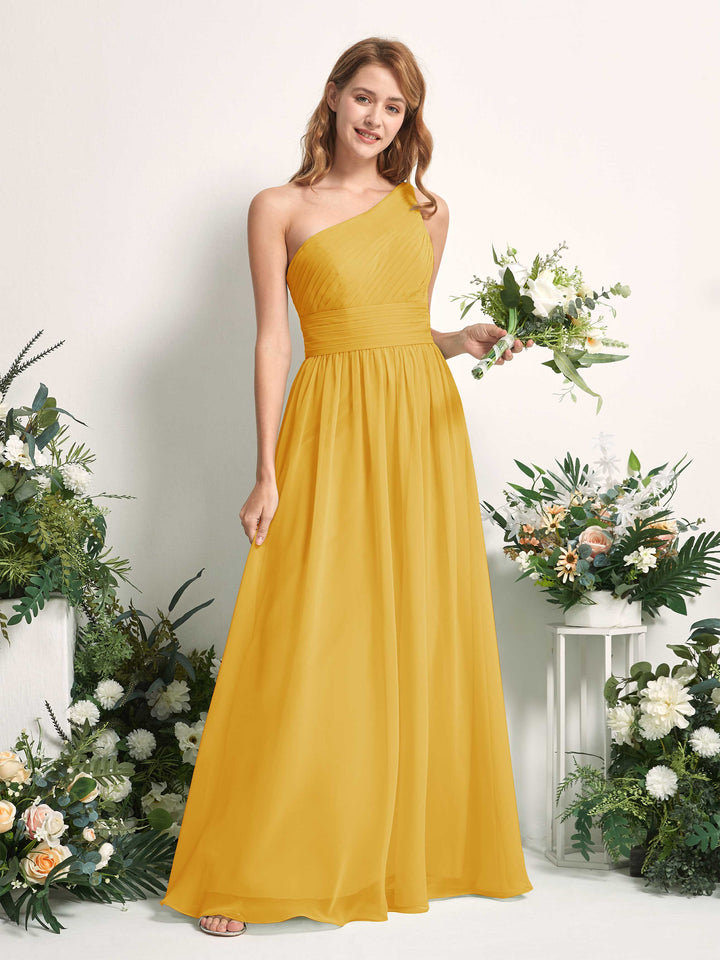 Carlyna A-Linien-Kleid One-Shoulder Bodenlang Chiffon Brautjungfernkleider Senfgelb 