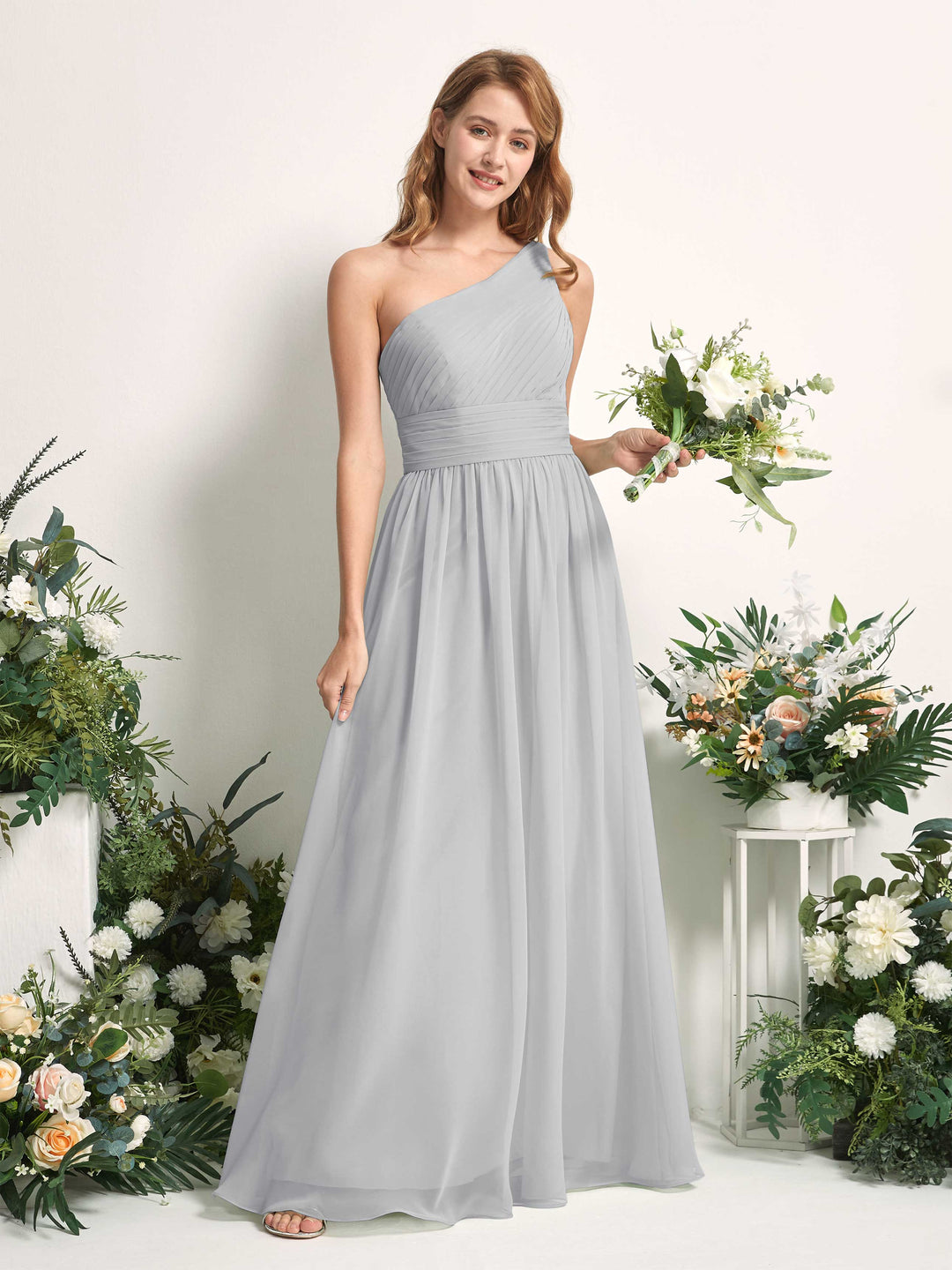 Carlyna A-Linien-Kleid One-Shoulder Bodenlang Chiffon Brautjungfernkleider Silber 
