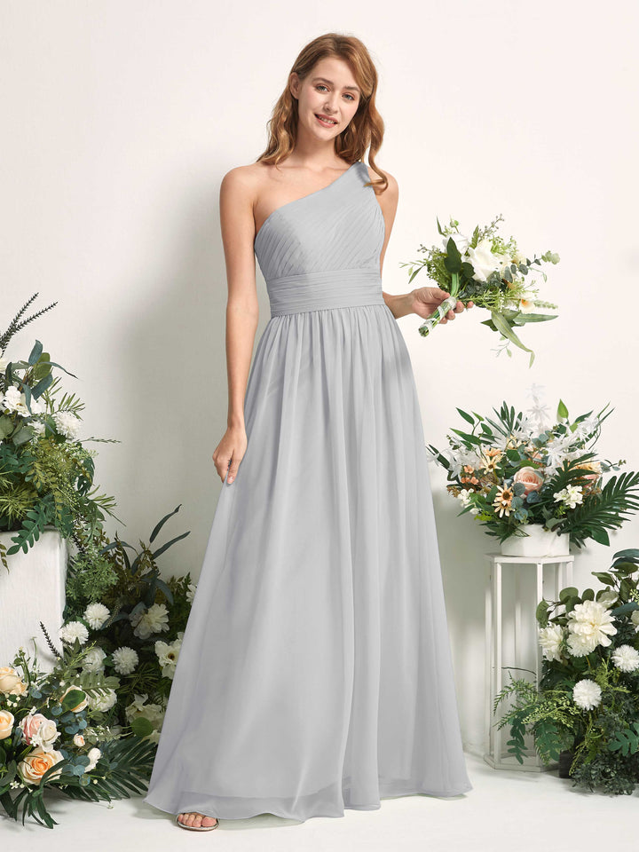 Carlyna A-Linien-Kleid One-Shoulder Bodenlang Chiffon Brautjungfernkleider Silber 