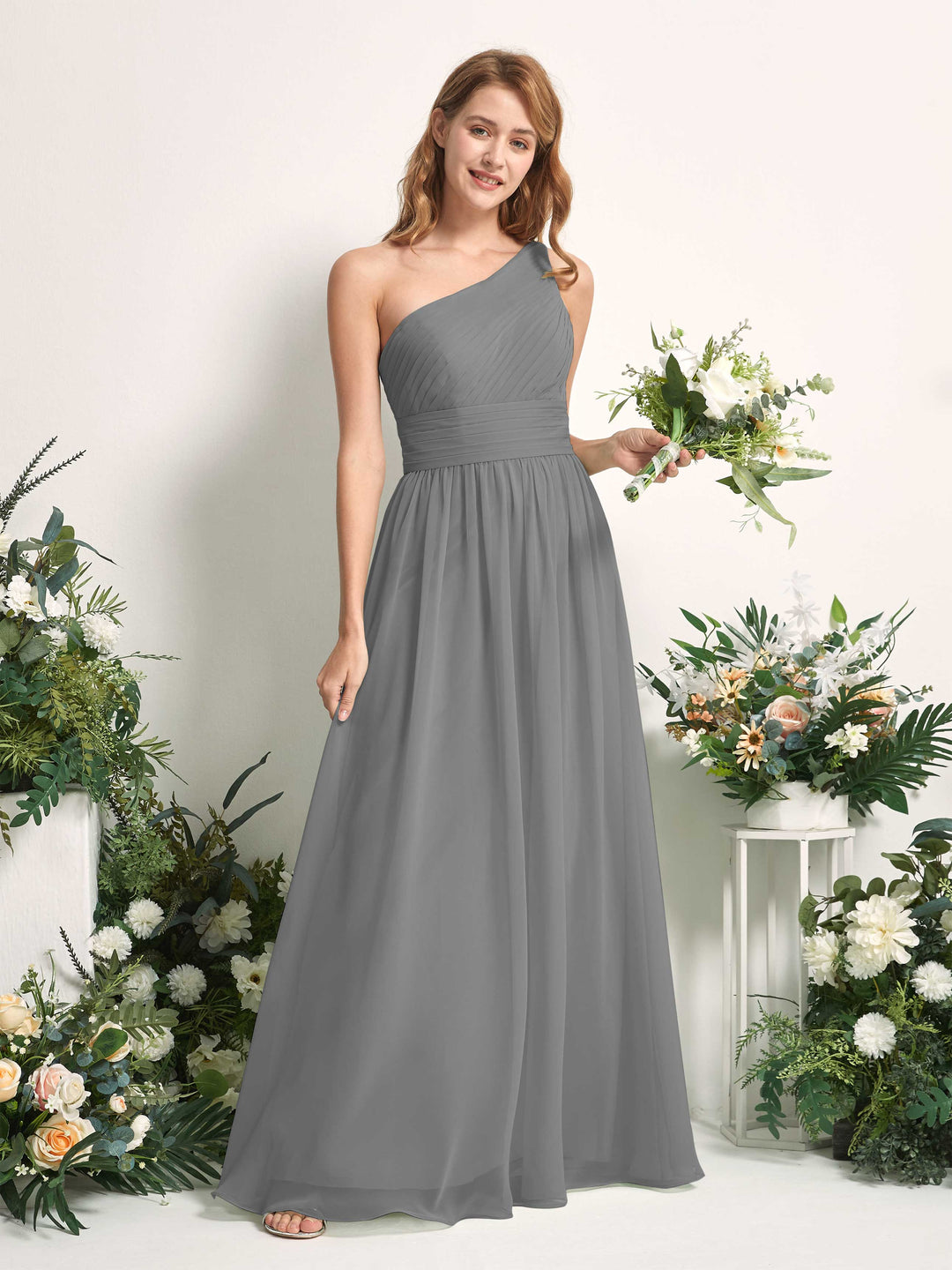 Carlyna A-Linien-Kleid One-Shoulder Bodenlang Chiffon Brautjungfernkleider Stahlgrau 