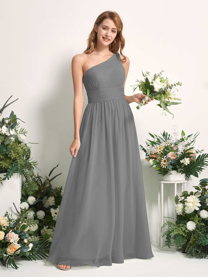 Carlyna A-Linien-Kleid One-Shoulder Bodenlang Chiffon Brautjungfernkleider Stahlgrau 