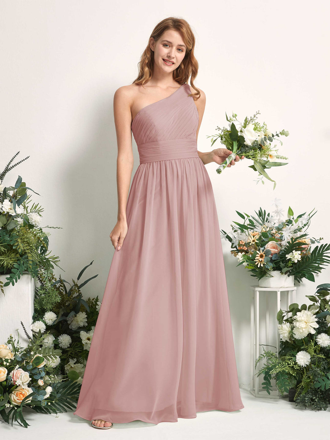 Carlyna A-Linien-Kleid One-Shoulder Bodenlang Chiffon Brautjungfernkleider Staubige Rose 