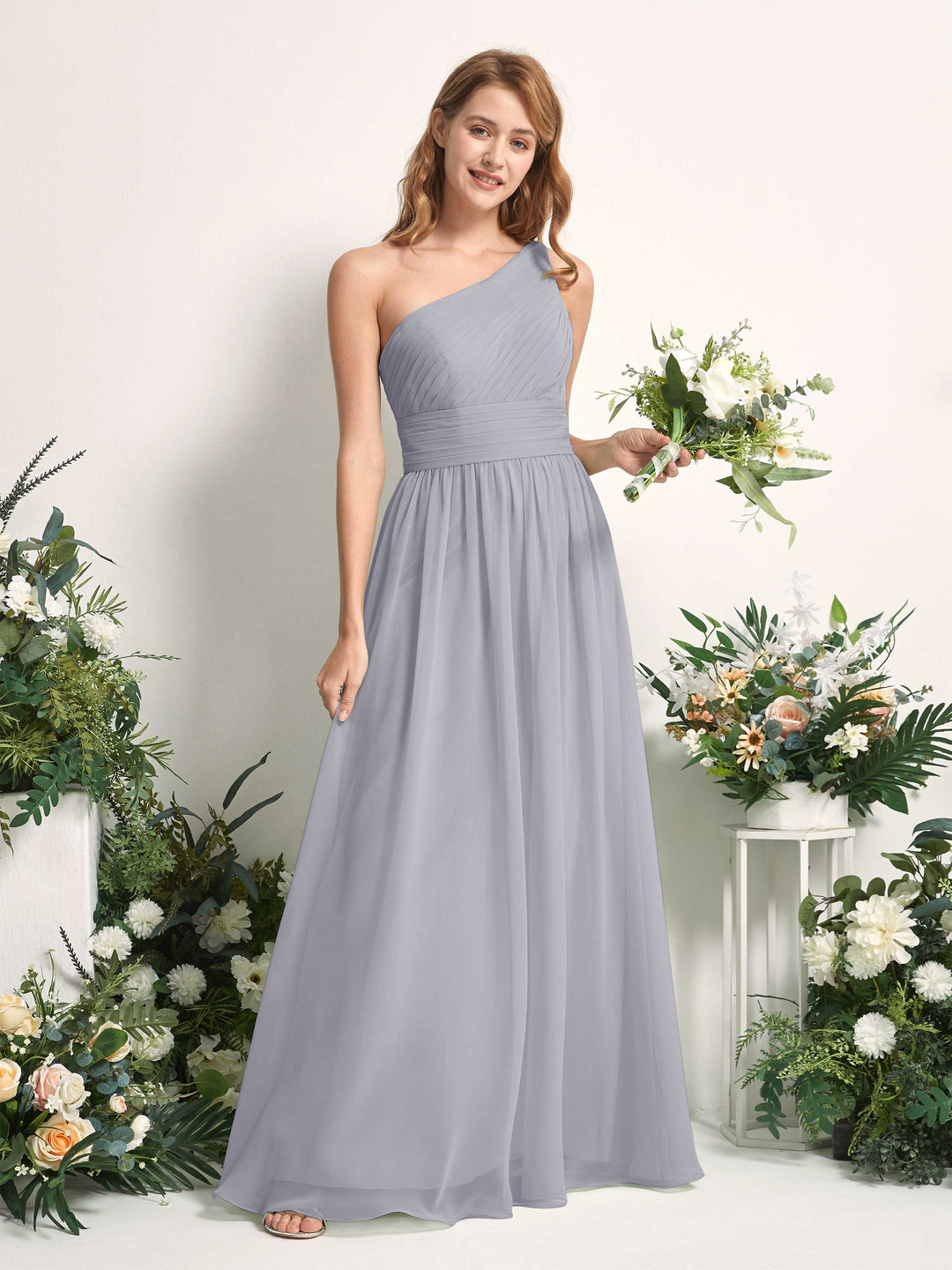 Carlyna A-Linien-Kleid One-Shoulder Bodenlang Chiffon Brautjungfernkleider Staubiger Lavendel 