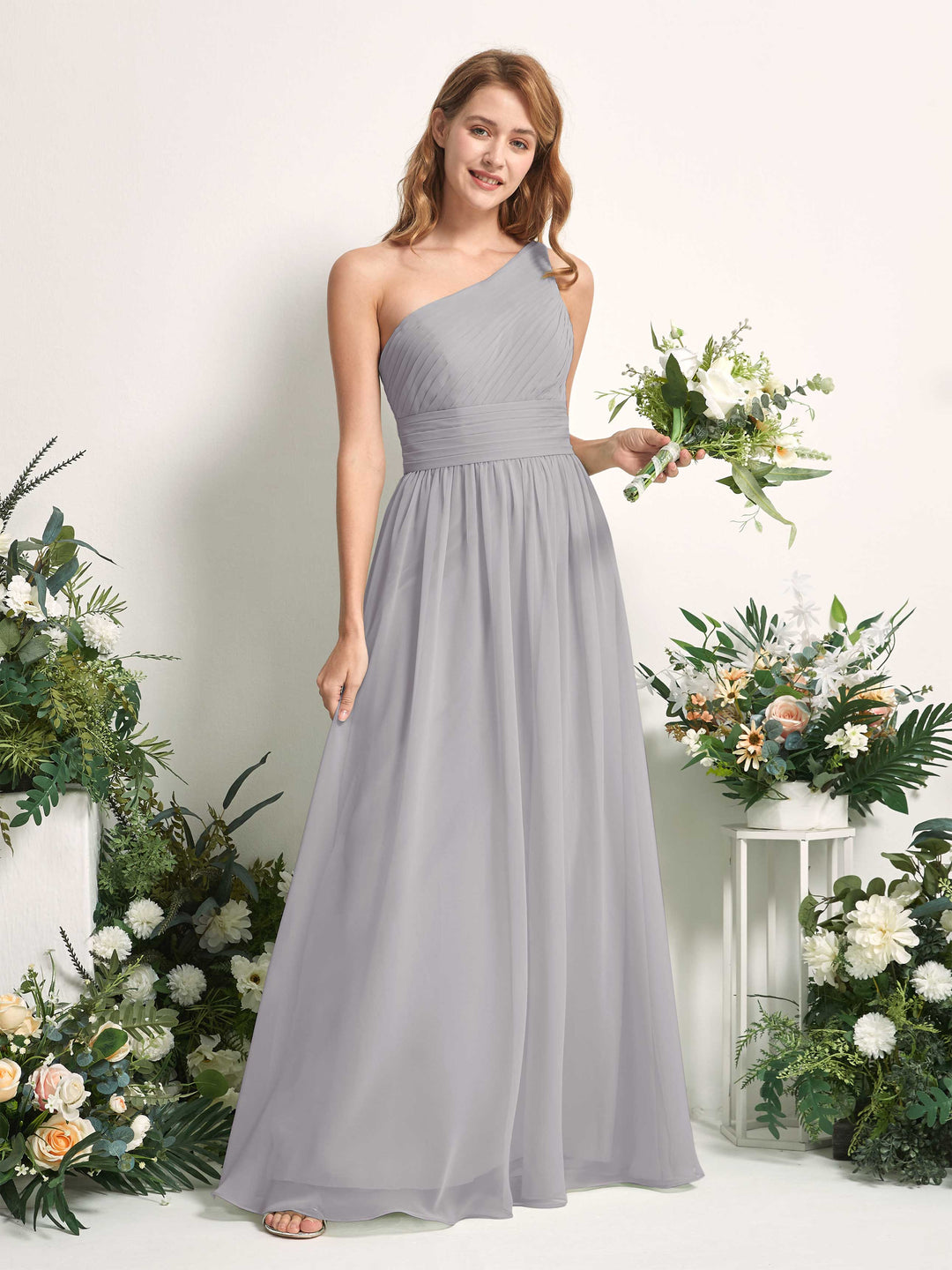 Carlyna A-Linien-Kleid One-Shoulder Bodenlang Chiffon Brautjungfernkleider Taube 