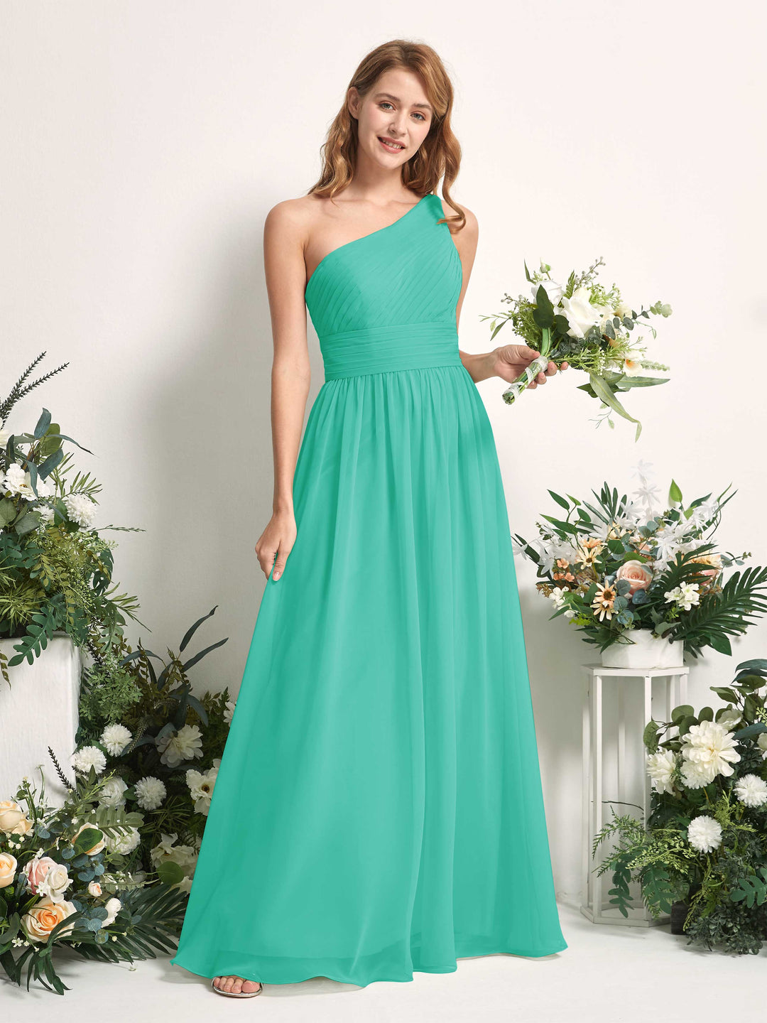 Carlyna A-Linien-Kleid One-Shoulder Bodenlang Chiffon Brautjungfernkleider Tiffany-Blau 