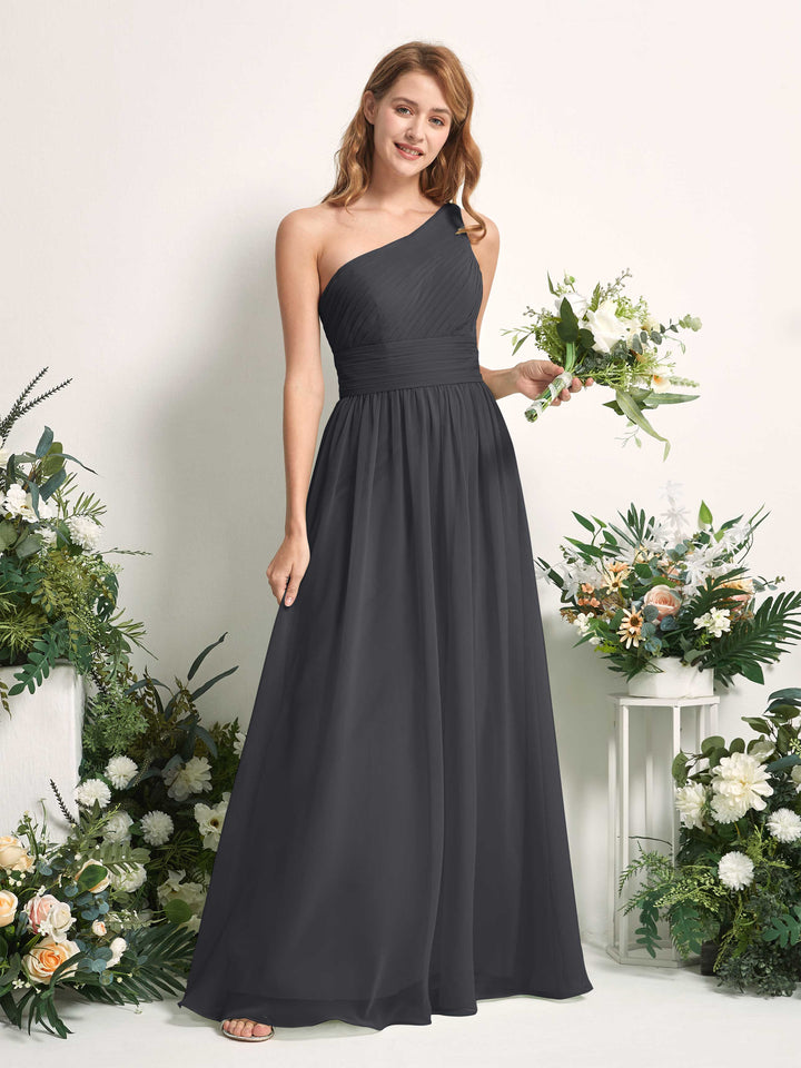 Carlyna A-Linien-Kleid One-Shoulder Bodenlang Chiffon Brautjungfernkleider Zinnfarben 