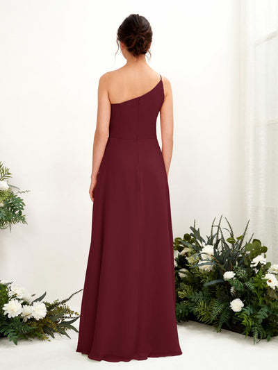 Carlyna A-Linien-Kleid One-Shoulder Chiffon Bodenlang Beinschlitz Brautjungfernkleider Burgunderrot #farbe_burgunderrot