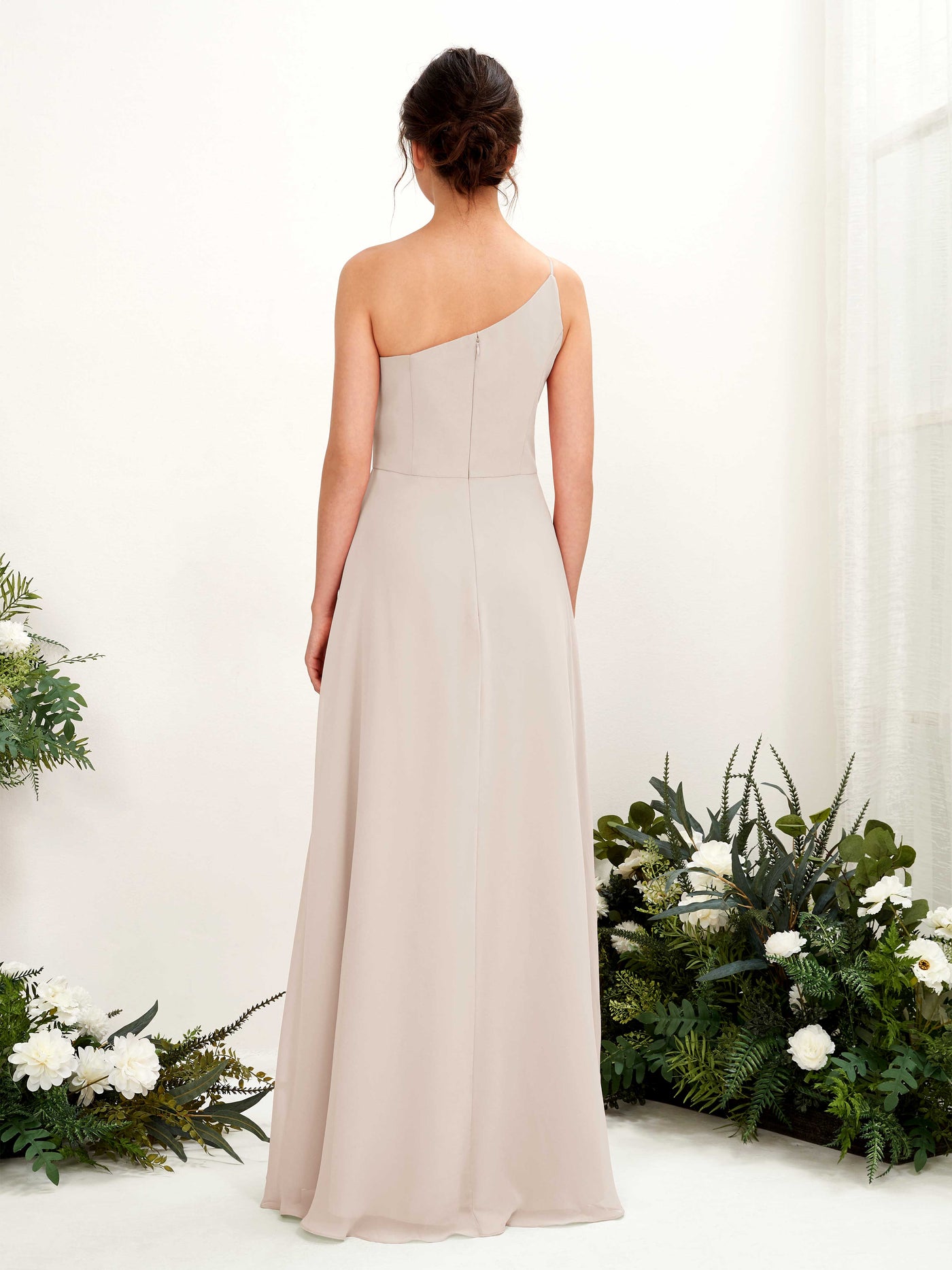 Carlyna A-Linien-Kleid One-Shoulder Chiffon Bodenlang Beinschlitz Brautjungfernkleider Champagner #farbe_champagner