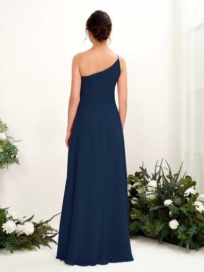 Carlyna A-Linien-Kleid One-Shoulder Chiffon Bodenlang Beinschlitz Brautjungfernkleider Marineblau #farbe_marineblau