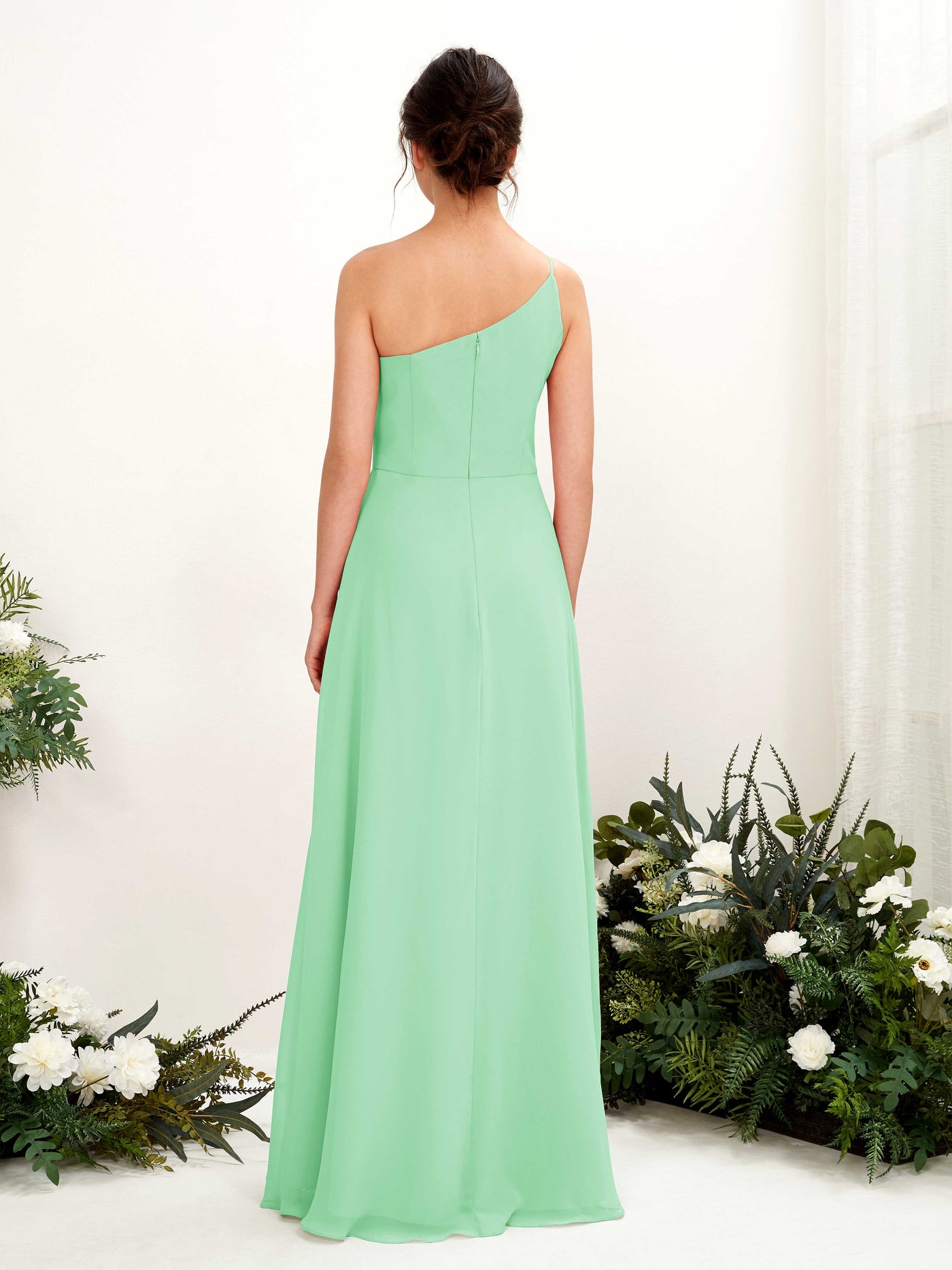 Carlyna A-Linien-Kleid One-Shoulder Chiffon Bodenlang Beinschlitz Brautjungfernkleider Minzgrün #farbe_minzgr-n