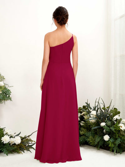 Carlyna A-Linien-Kleid One-Shoulder Chiffon Bodenlang Beinschlitz Brautjungfernkleider Narrenrot #farbe_narrenrot