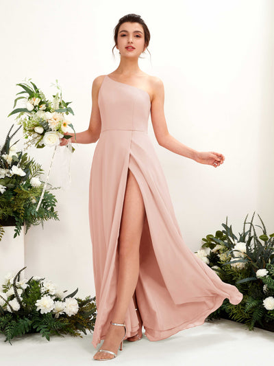 Carlyna A-Linien-Kleid One-Shoulder Chiffon Bodenlang Beinschlitz Brautjungfernkleider Perlrosa #farbe_perlrosa
