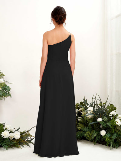 Carlyna A-Linien-Kleid One-Shoulder Chiffon Bodenlang Beinschlitz Brautjungfernkleider Schwarz #farbe_schwarz