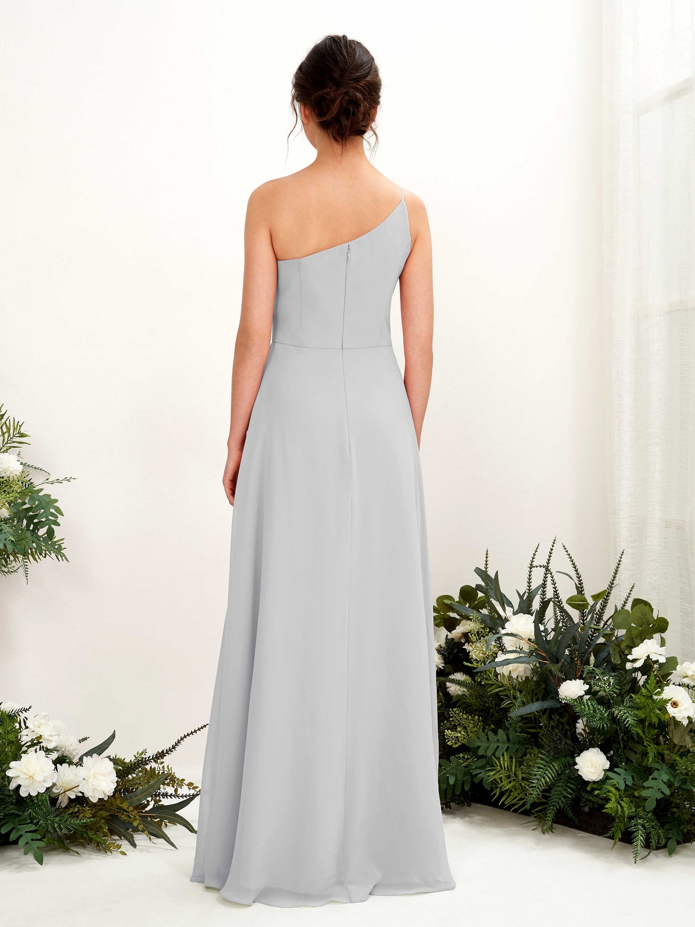 Carlyna A-Linien-Kleid One-Shoulder Chiffon Bodenlang Beinschlitz Brautjungfernkleider Silber #farbe_silber