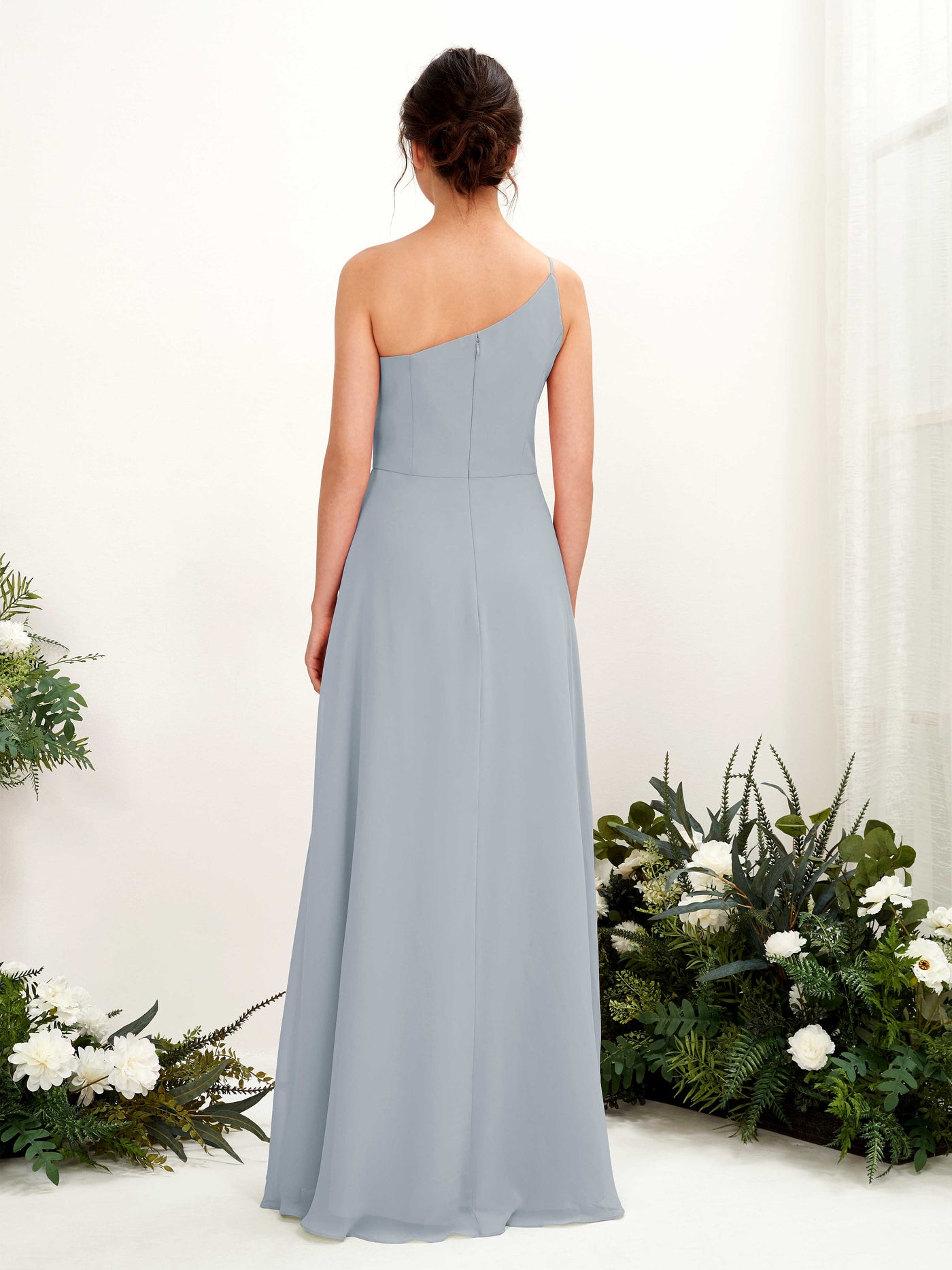 Carlyna A-Linien-Kleid One-Shoulder Chiffon Bodenlang Beinschlitz Brautjungfernkleider Staubiges Blau-Upgrade #farbe_staubiges-blau-upgrade