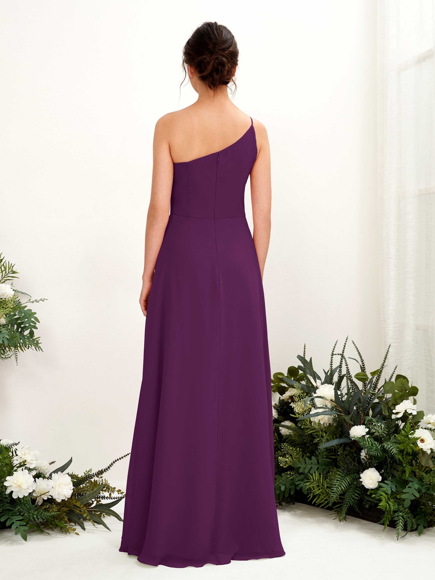 Carlyna A-Linien-Kleid One-Shoulder Chiffon Bodenlang Beinschlitz Brautjungfernkleider Traube #farbe_traube