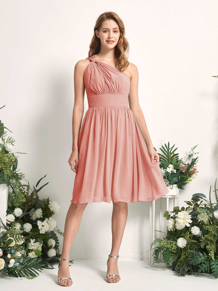 Carlyna A-Linien-Kleid One-Shoulder knielang gerafft aus Chiffon Brautjungfernkleider Champagner-Rose 
