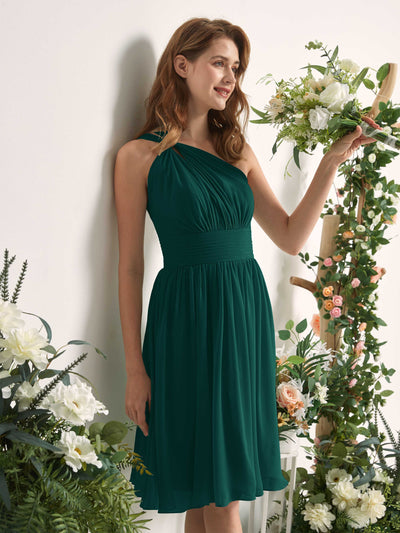 Carlyna A-Linien-Kleid One-Shoulder knielang gerafft aus Chiffon Brautjungfernkleider Dunkelsmaragd #farbe_dunkelsmaragd