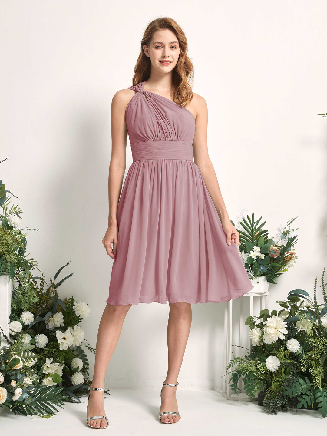 Carlyna A-Linien-Kleid One-Shoulder knielang gerafft aus Chiffon Brautjungfernkleider Klassisch Mauve 