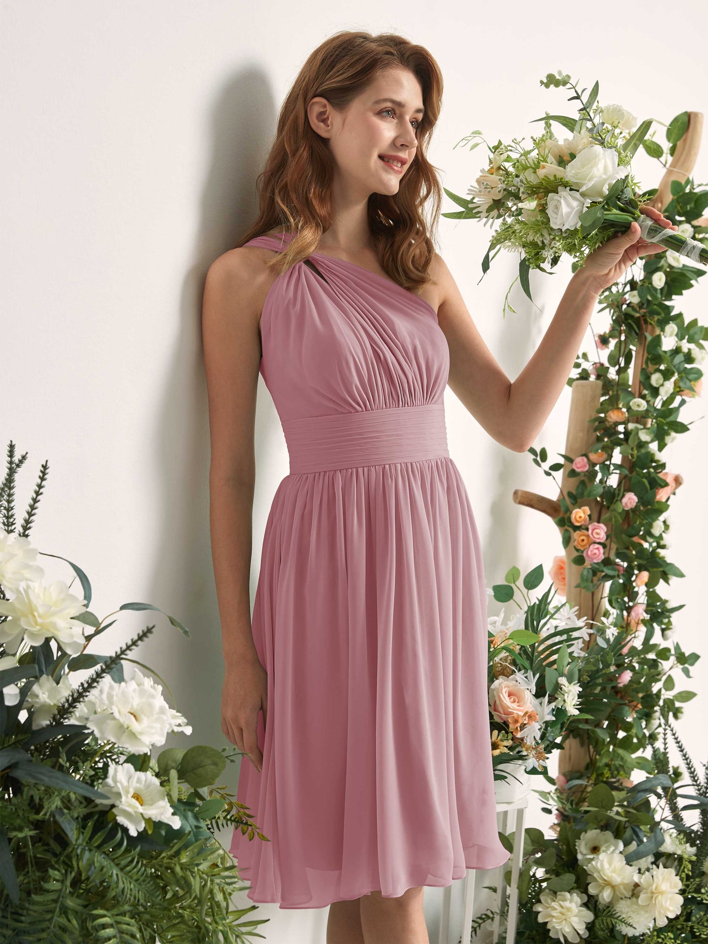 Carlyna A-Linien-Kleid One-Shoulder knielang gerafft aus Chiffon Brautjungfernkleider Klassisch Mauve #farbe_klassisch-mauve