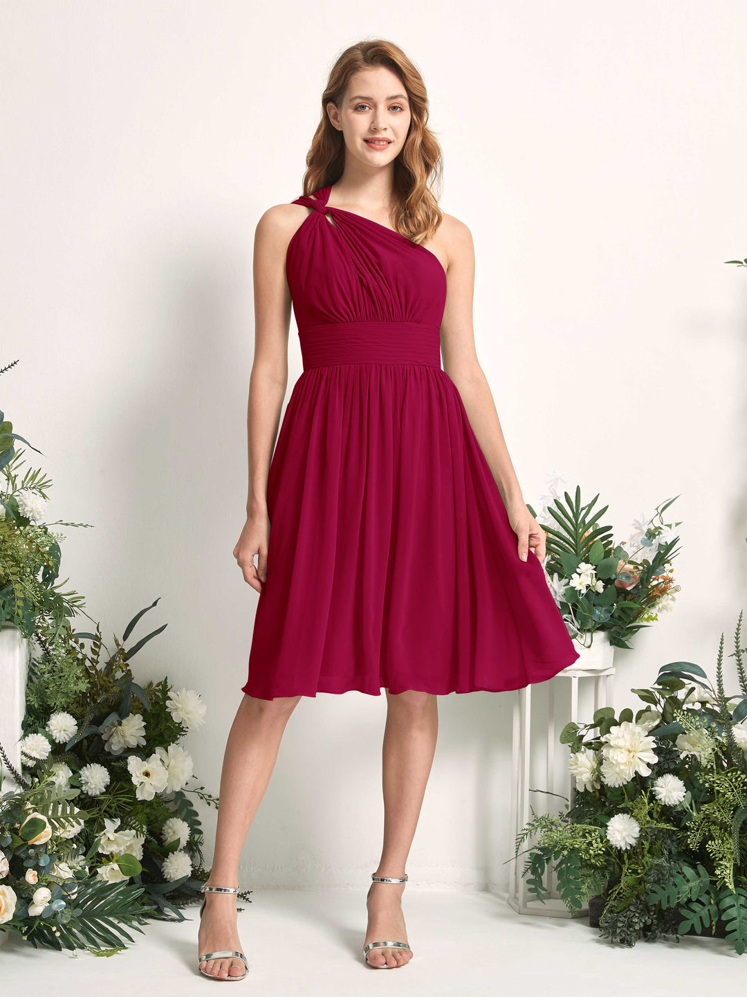Carlyna A-Linien-Kleid One-Shoulder knielang gerafft aus Chiffon Brautjungfernkleider Narrenrot 