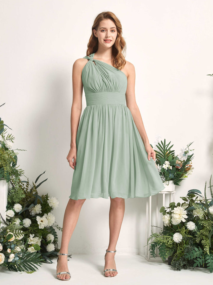 Carlyna A-Linien-Kleid One-Shoulder knielang gerafft aus Chiffon Brautjungfernkleider Salbeigrün 