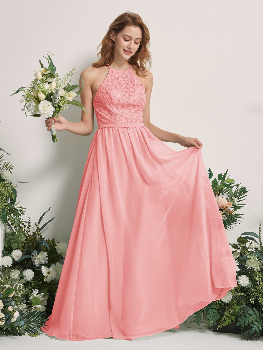 Carlyna A-Linien-Kleid Rundhals Bodenlang Brautjungfernkleider Ballettrosa 