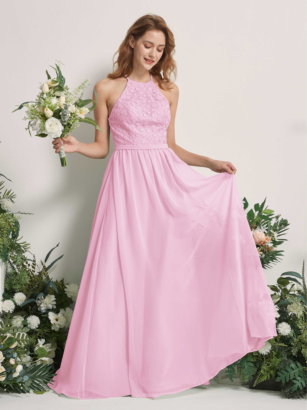 Carlyna A-Linien-Kleid Rundhals Bodenlang Brautjungfernkleider Bonbonrosa 