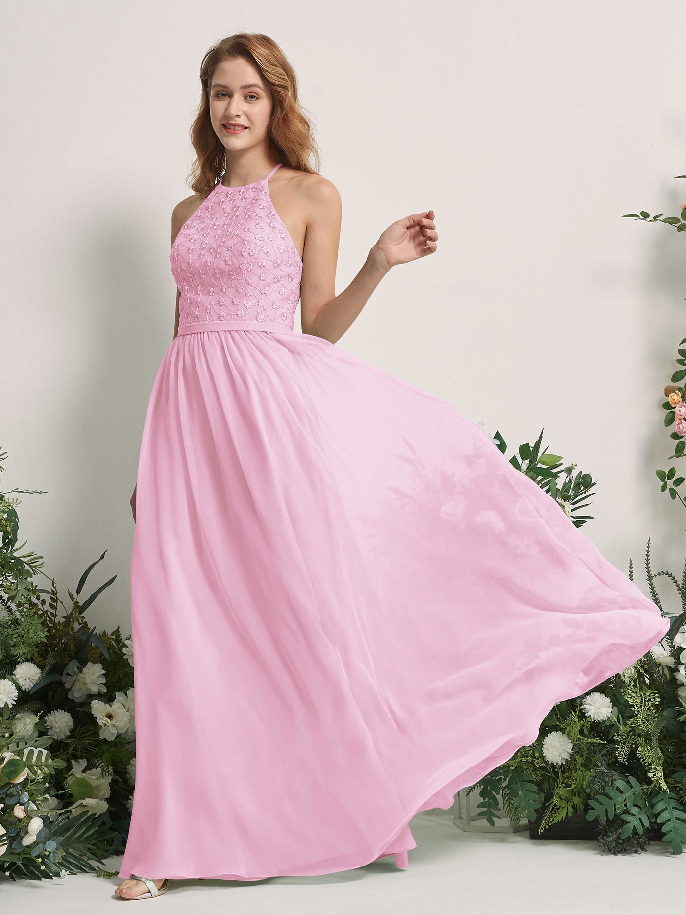 Carlyna A-Linien-Kleid Rundhals Bodenlang Brautjungfernkleider Bonbonrosa #farbe_bonbonrosa