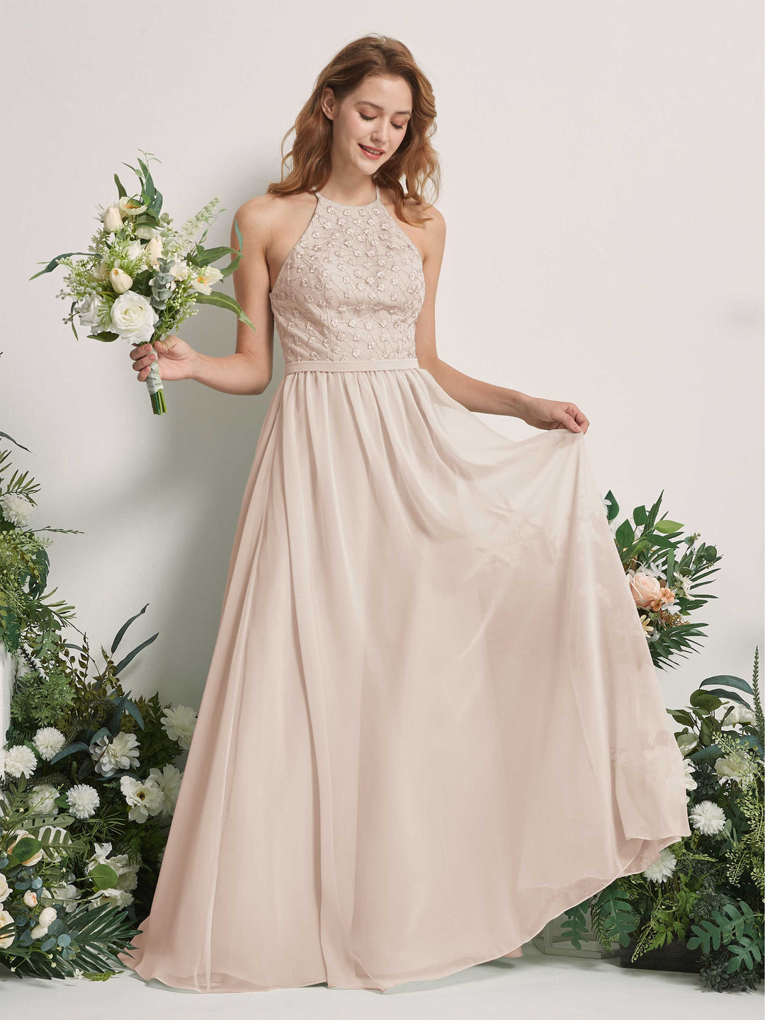 Carlyna A-Linien-Kleid Rundhals Bodenlang Brautjungfernkleider Champagner 